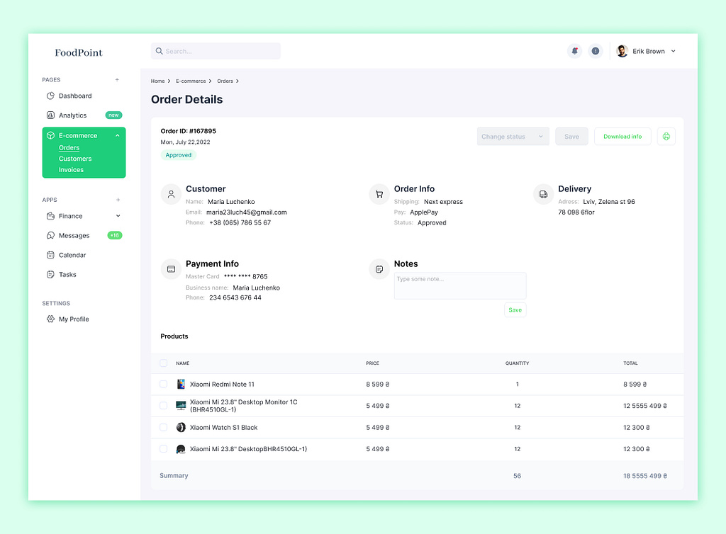Food Dashboard software